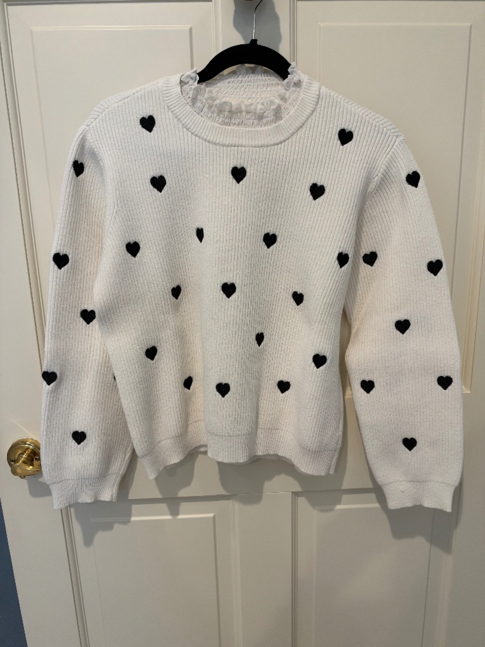 By Anthropologie Ivory Heart Sweater with Ruffle Neckline | L